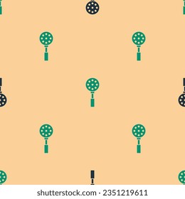 Green and black Spatula icon isolated seamless pattern on beige background. Kitchen spatula icon. BBQ spatula sign. Barbecue and grill tool.  Vector