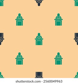 Green and black Speaker icon isolated seamless pattern on beige background. Orator speaking from tribune. Public speech. Person on podium.  Vector