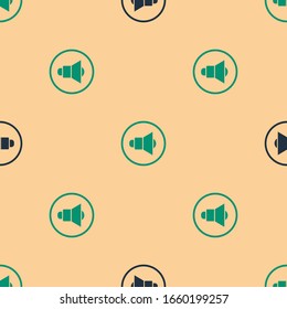 Green and black Speaker volume, audio voice sound symbol, media music icon isolated seamless pattern on beige background.  Vector Illustration