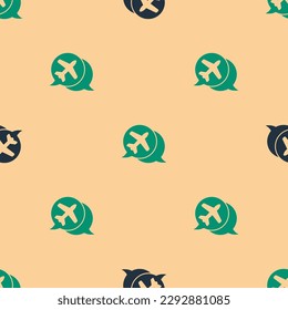 Green and black Speech bubble with airplane travel icon isolated seamless pattern on beige background. Plane flight transport sign. Holidays symbol.  Vector Illustration