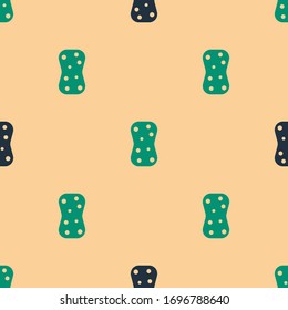 Green and black Sponge with bubbles icon isolated seamless pattern on beige background. Wisp of bast for washing dishes. Cleaning service logo.  Vector Illustration