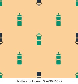 Green and black Sport bottle with water icon isolated seamless pattern on beige background.  Vector