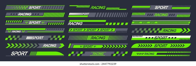 Green And Black Sports Car Stickers Vector Designs, Symbolizing Speed And Racing. Automotive Icons Like Stripes