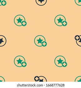 Green and black Star icon isolated seamless pattern on beige background. Favorite, best rating, award symbol. Add to concept.  Vector Illustration