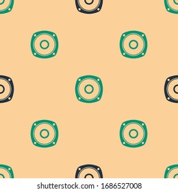 Green and black Stereo speaker icon isolated seamless pattern on beige background. Sound system speakers. Music icon. Musical column speaker bass equipment.  Vector Illustration