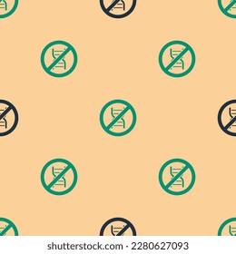 Green and black Stop GMO icon isolated seamless pattern on beige background. Genetically modified organism acronym. Dna food modification.  Vector