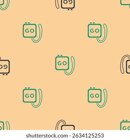Green and black Stopwatch icon isolated seamless pattern on beige background. Time timer sign. Chronometer sign.  Vector