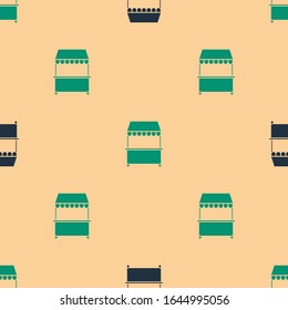 Green and black Street stall with awning and wooden rack icon isolated seamless pattern on beige background. Kiosk with wooden rack.  Vector Illustration