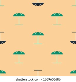 Green and black Sun protective umbrella for beach icon isolated seamless pattern on beige background. Large parasol for outdoor space. Beach umbrella.  Vector Illustration