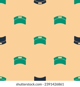 Green and black Sun visor cap icon isolated seamless pattern on beige background. Sport equipment. Sports uniform.  Vector