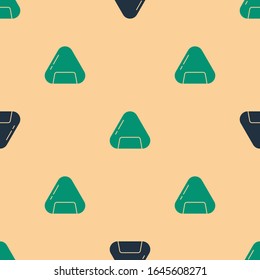 Green and black Sushi icon isolated seamless pattern on beige background. Traditional Japanese food.  Vector Illustration
