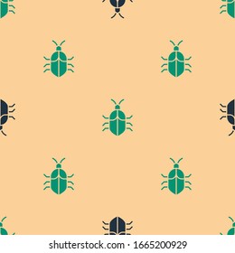 Green and black System bug concept icon isolated seamless pattern on beige background. Code bug concept. Bug in the system. Bug searching.  Vector Illustration