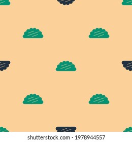 Green and black Taco with tortilla icon isolated seamless pattern on beige background. Traditional mexican fast food menu.  Vector Illustration