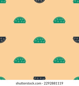 Green and black Taco with tortilla icon isolated seamless pattern on beige background. Traditional mexican fast food menu.  Vector Illustration