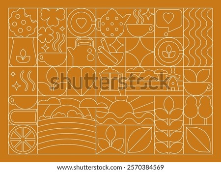Green and Black Tea Art Deco Print, Pattern. Linear Style Elements From Fields to Cups 