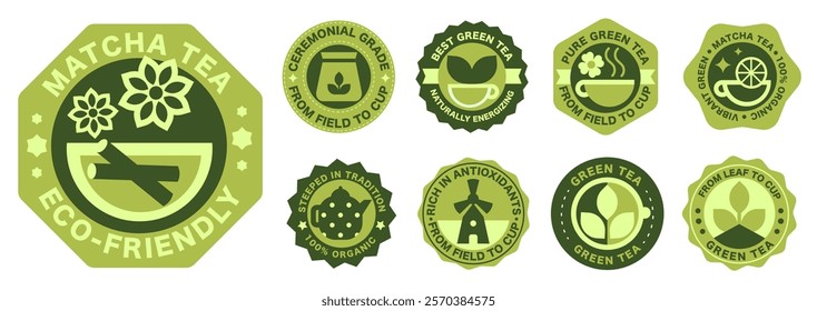 Green and Black Tea Badge Set. Labels, Stamps, and Icons Celebrating Nature Rich Brews