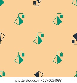 Green and black Tea bag icon isolated seamless pattern on beige background.  Vector