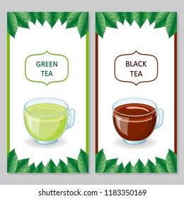 Green and Black Tea design package. Frame made of tea leaves. Hot drink in the cup. Vector illustration in a cartoon style. White background.