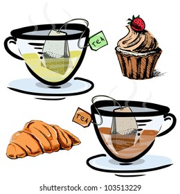 Green and black tea in glass cups with sweets. Hand drawing sketch vector icons
