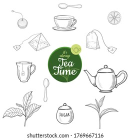 Green and black tea hand drawn ink sketch outline vector set isolated. Kettle, leaves, mag, sugar bowl, spoon, tea bag, lemon slice, strainer. Illustration for cafe, restaurant menu, web and print.