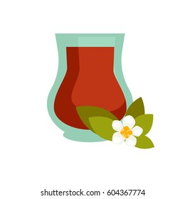 Green or black tea with jasmine in turkish cup graphic icon isolated on white. Teacup logo bowl with flower of jessamine and green leaves. Vector illustration in cartoon style for web. Healthy drink