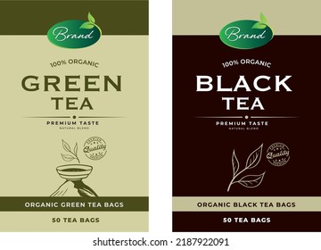 Etiquetas de té verdes y negras envasadas. Plantilla de impresión de vectores.