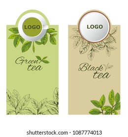 green black tea labels set, tea logo, hand-drawn