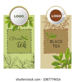 green black tea labels set, tea logo, hand-drawn