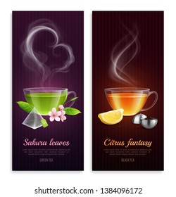 Green and black tea with sakura leaves and citrus fantasy aroma promote vertical banners with steaming cups images realistic vector illustration