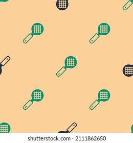 Green and black Tea strainer with handle icon isolated seamless pattern on beige background. Metal sieve.  Vector