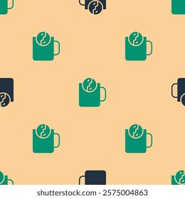 Green and black Tea time icon isolated seamless pattern on beige background.  Vector