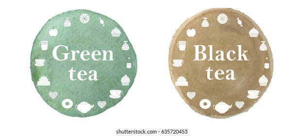 Green and black tea.Watercolor set of tea icons.Tea,sweets on watercolor background.Tea Time.Crockery and sweets food