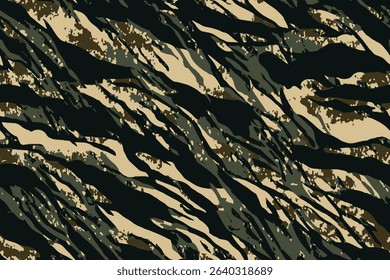Green and Black Tiger Stripe Camouflage Pattern Military Tactical Fabric Texture, vector modern print, seamless fabric texture. Ornament