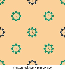 Green and black Time Management icon isolated seamless pattern on beige background. Clock and gear sign. Productivity symbol.  Vector Illustration