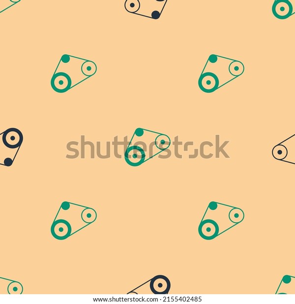 Green and black Timing belt kit icon
isolated seamless pattern on beige background. 
Vector