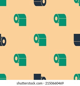 Green and black Toilet paper roll icon isolated seamless pattern on beige background.  Vector