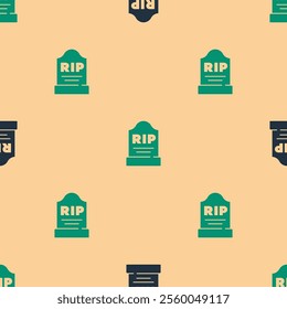 Green and black Tombstone with RIP written on it icon isolated seamless pattern on beige background. Grave icon.  Vector