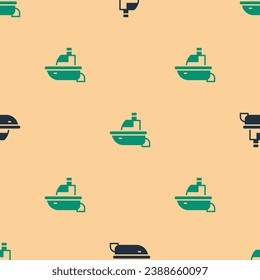 Green and black Toy boat icon isolated seamless pattern on beige background.  Vector