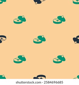 Green and black Traditional Chinese tea ceremony icon isolated seamless pattern on beige background. Teapot with cup.  Vector