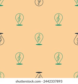 Icono de clave de agudos verde y negro aislado patrón sin fisuras sobre fondo beige.  Vector
