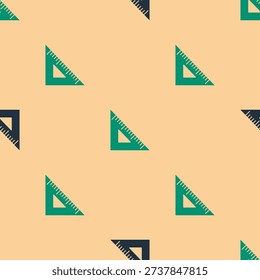 Green and black Triangular ruler icon isolated seamless pattern on beige background. Straightedge symbol. Geometric symbol.  Vector Illustration