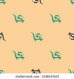 Green and black Trolley suitcase icon isolated seamless pattern on beige background. Traveling baggage sign. Travel luggage icon.  Vector