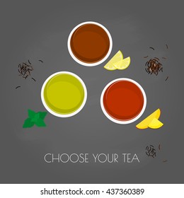 Green, black and tropic fruit tea with mint, lemon, mango, pineapple. Top view.