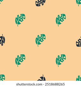 Green and black Tropical leaves of palm tree icon isolated seamless pattern on beige background.  Vector
