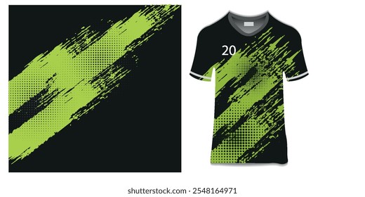 Green black t-shirt sport design template with abstract grunge and halftone pattern for soccer jersey. Sport uniform in front view. Shirt mock up for