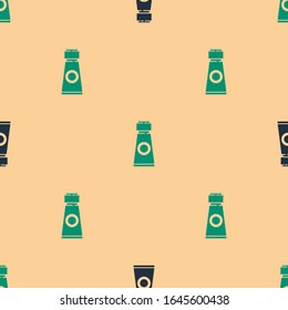 Green and black Tube with paint palette icon isolated seamless pattern on beige background.  Vector Illustration
