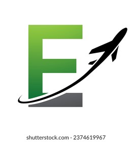 Grüner und schwarzer Großbuchstabe E Symbol mit einem Flugzeug auf weißem Hintergrund