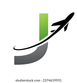 Green and Black Uppercase Letter J Icon with an Airplane on a White Background