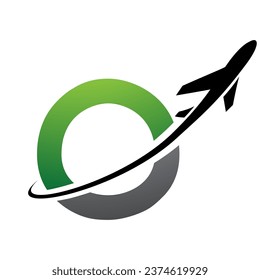 Green and Black Uppercase Letter O Icon with an Airplane on a White Background