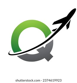 Green and Black Uppercase Letter Q Icon with an Airplane on a White Background